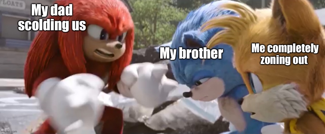 Getting scolded at age of 5 be like: | My dad scolding us; My brother; Me completely zoning out | image tagged in sonic meme image | made w/ Imgflip meme maker