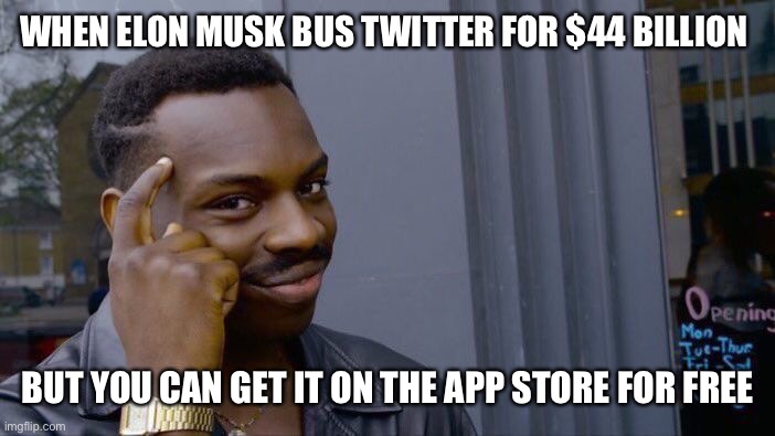 Roll Safe Think About It | WHEN ELON MUSK BUS TWITTER FOR $44 BILLION; BUT YOU CAN GET IT ON THE APP STORE FOR FREE | image tagged in memes,roll safe think about it | made w/ Imgflip meme maker