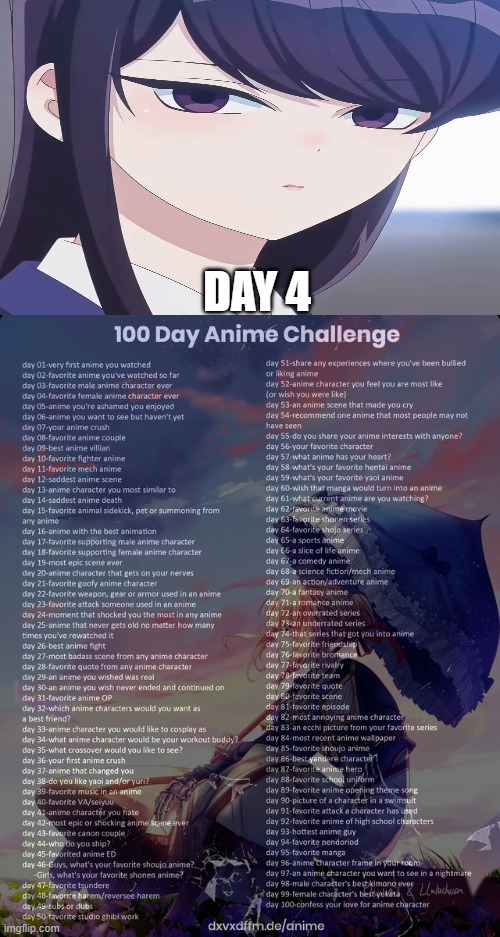 day 4 | DAY 4 | image tagged in 100 day anime challenge,anime | made w/ Imgflip meme maker