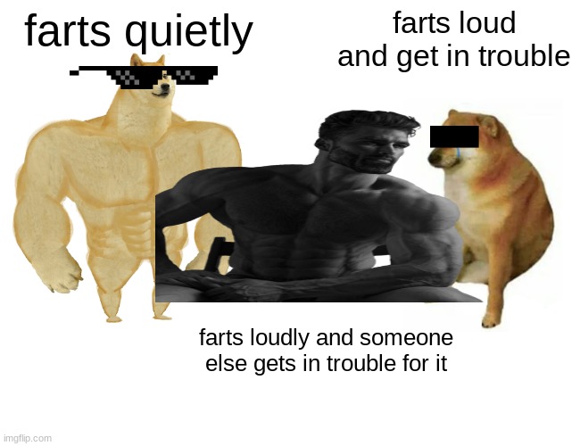 at school when you fart be like :pov | farts quietly; farts loud and get in trouble; farts loudly and someone else gets in trouble for it | image tagged in memes,buff doge vs cheems | made w/ Imgflip meme maker