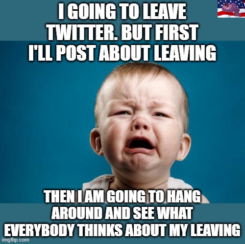 Why do liberals think we care? | I GOING TO LEAVE TWITTER. BUT FIRST I'LL POST ABOUT LEAVING; THEN I AM GOING TO HANG AROUND AND SEE WHAT EVERYBODY THINKS ABOUT MY LEAVING | image tagged in baby crying | made w/ Imgflip meme maker