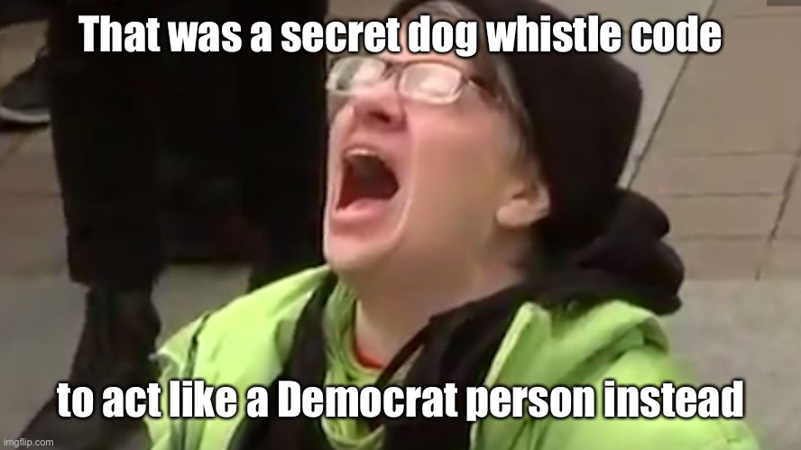 Screaming Liberal  | That was a secret dog whistle code to act like a Democrat person instead | image tagged in screaming liberal | made w/ Imgflip meme maker