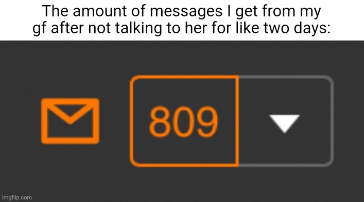 809 new messages. Accurate number of messages I get from just two days | The amount of messages I get from my gf after not talking to her for like two days: | image tagged in pie charts | made w/ Imgflip meme maker