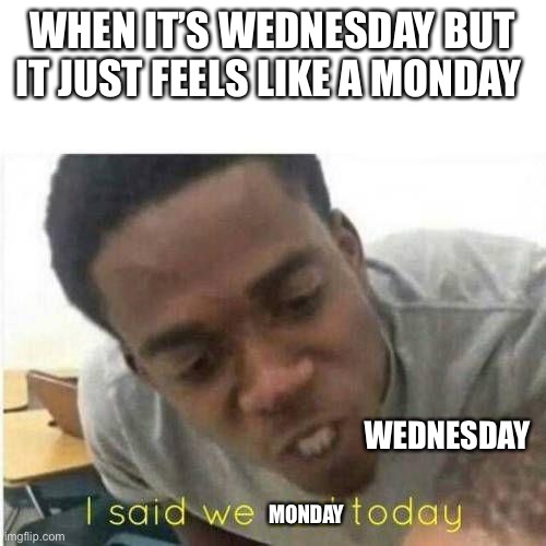 I said we sad todau | WHEN IT’S WEDNESDAY BUT IT JUST FEELS LIKE A MONDAY; WEDNESDAY; MONDAY | image tagged in i said we sad todau,true story | made w/ Imgflip meme maker