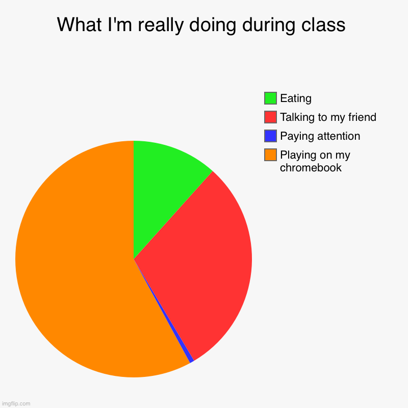 What I'm really doing in school | What I'm really doing during class | Playing on my chromebook, Paying attention, Talking to my friend, Eating | image tagged in charts,pie charts | made w/ Imgflip chart maker