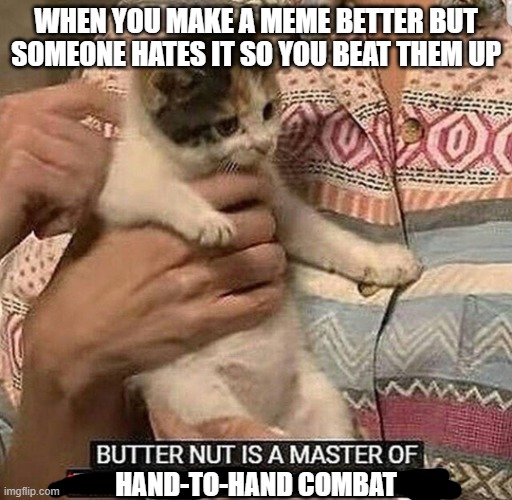 Butter nut has been taking classes | WHEN YOU MAKE A MEME BETTER BUT SOMEONE HATES IT SO YOU BEAT THEM UP; HAND-TO-HAND COMBAT | image tagged in butter nut is a master of psychological manipulation | made w/ Imgflip meme maker