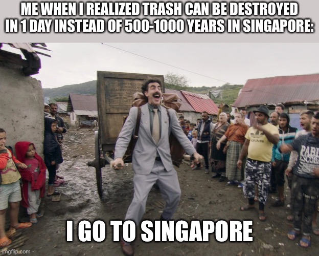 I Go to Singapore! | ME WHEN I REALIZED TRASH CAN BE DESTROYED IN 1 DAY INSTEAD OF 500-1000 YEARS IN SINGAPORE:; I GO TO SINGAPORE | image tagged in borat i go to america,singapore,trash,memes,funny,i go to america | made w/ Imgflip meme maker