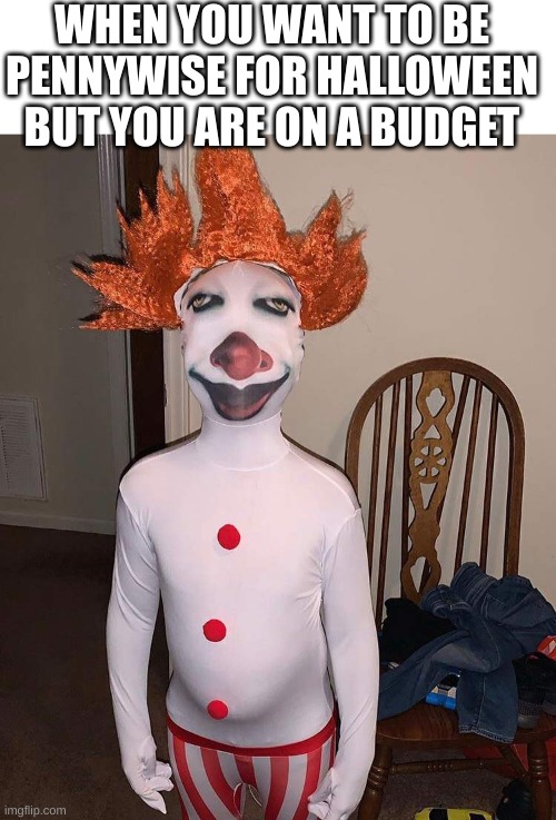 Cursed pennywise costume | WHEN YOU WANT TO BE PENNYWISE FOR HALLOWEEN BUT YOU ARE ON A BUDGET | image tagged in you had one job,cursed,pennywise | made w/ Imgflip meme maker