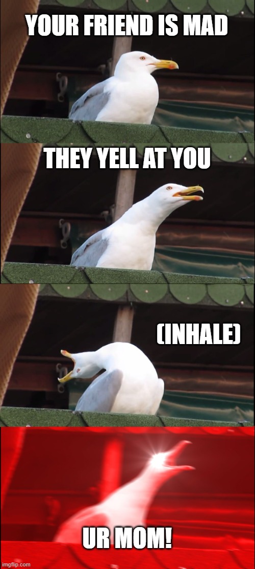 Inhaling Seagull |  YOUR FRIEND IS MAD; THEY YELL AT YOU; (INHALE); UR MOM! | image tagged in memes,inhaling seagull | made w/ Imgflip meme maker