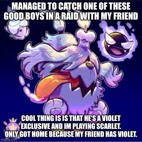 I named it Reaper after the marvel character | MANAGED TO CATCH ONE OF THESE GOOD BOYS IN A RAID WITH MY FRIEND; COOL THING IS IS THAT HE’S A VIOLET EXCLUSIVE AND IM PLAYING SCARLET. ONLY GOT HOME BECAUSE MY FRIEND HAS VIOLET. | image tagged in pokemon | made w/ Imgflip meme maker