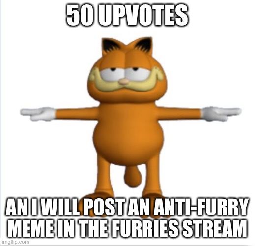 Make me regret my life decisions | 50 UPVOTES; AN I WILL POST AN ANTI-FURRY MEME IN THE FURRIES STREAM | image tagged in garfield t-pose | made w/ Imgflip meme maker
