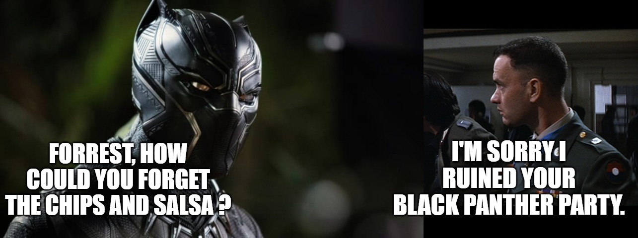 Black Panther | FORREST, HOW COULD YOU FORGET THE CHIPS AND SALSA ? I'M SORRY I RUINED YOUR BLACK PANTHER PARTY. | image tagged in forrest gump | made w/ Imgflip meme maker