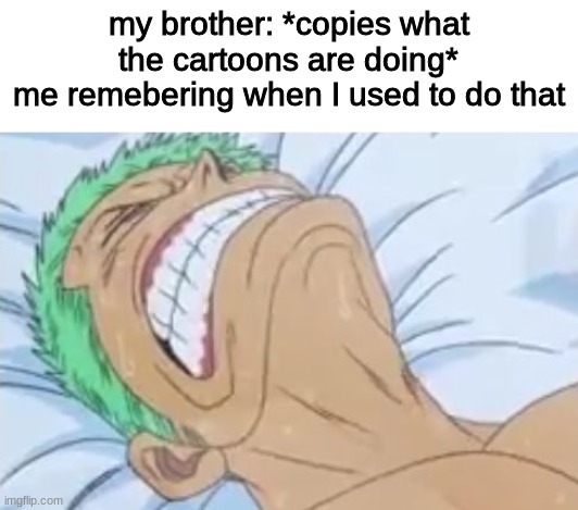 Zoro in Pain | my brother: *copies what the cartoons are doing*
me remebering when I used to do that | image tagged in zoro in pain,cringe,memes,funny | made w/ Imgflip meme maker