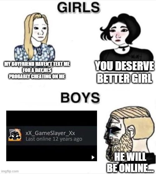 true sadness | YOU DESERVE BETTER GIRL; MY BOYFRIEND HAVEN'T TEXT ME
FOR A DAY,HES PROBABLY CHEATING ON ME; HE WILL BE ONLINE... | image tagged in do men even have feelings,last online 12 years ago | made w/ Imgflip meme maker