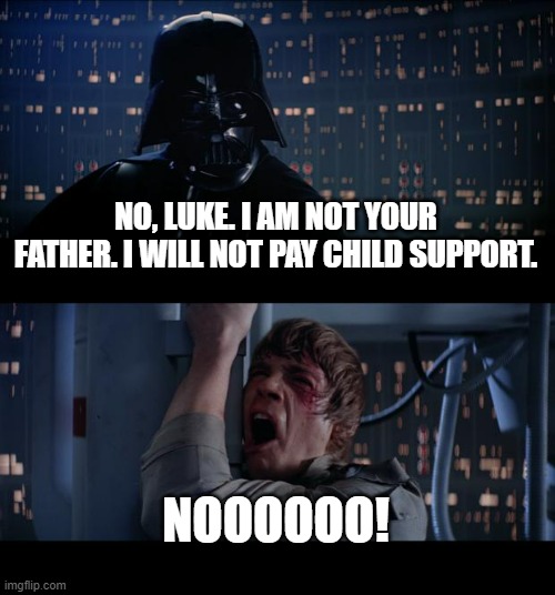 Star Wars No | NO, LUKE. I AM NOT YOUR FATHER. I WILL NOT PAY CHILD SUPPORT. NOOOOOO! | image tagged in memes,star wars no | made w/ Imgflip meme maker
