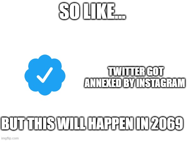 2069 lol meme | SO LIKE... TWITTER GOT ANNEXED BY INSTAGRAM; BUT THIS WILL HAPPEN IN 2069 | image tagged in meme | made w/ Imgflip meme maker