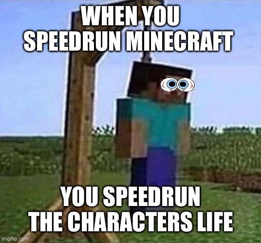 hang myself | WHEN YOU SPEEDRUN MINECRAFT; YOU SPEEDRUN THE CHARACTERS LIFE | image tagged in hang myself | made w/ Imgflip meme maker