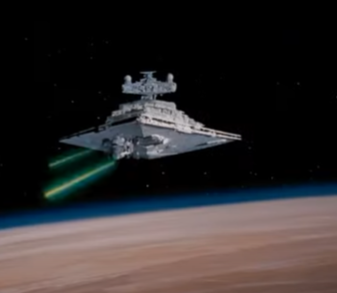 Star Destroyer chasing and shooting. Blank Meme Template