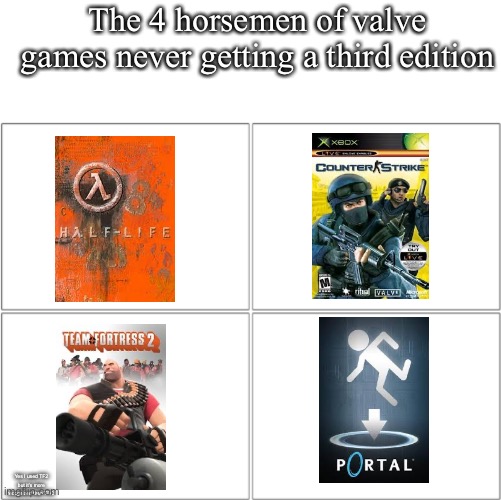 Valve 3: The company that will make the third edition to games | The 4 horsemen of valve games never getting a third edition; Yes I used TF2 but it’s more recognized than TFC. | image tagged in the 4 horsemen of,tf2,portal,half life,counter strike,third edition | made w/ Imgflip meme maker