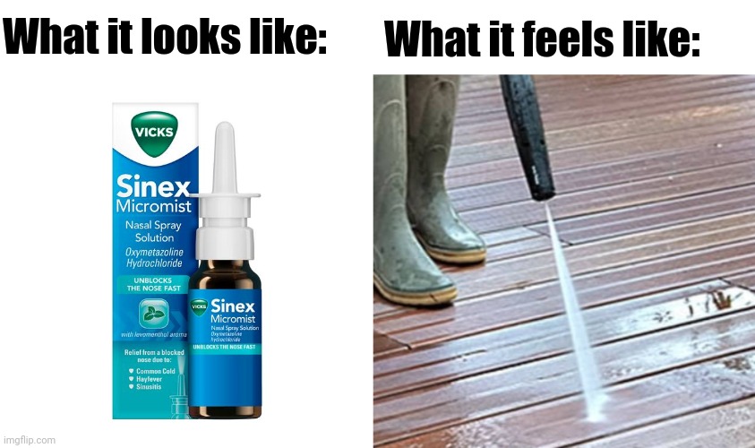 I hate these things. | What it feels like:; What it looks like: | image tagged in nose spray,memecraftia,nose,power wash,nose pain | made w/ Imgflip meme maker