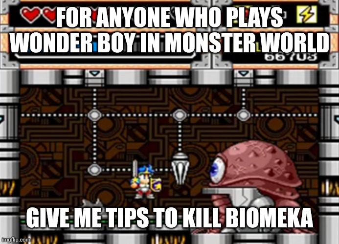 I can’t beat Biomeka | FOR ANYONE WHO PLAYS WONDER BOY IN MONSTER WORLD; GIVE ME TIPS TO KILL BIOMEKA | image tagged in funny | made w/ Imgflip meme maker