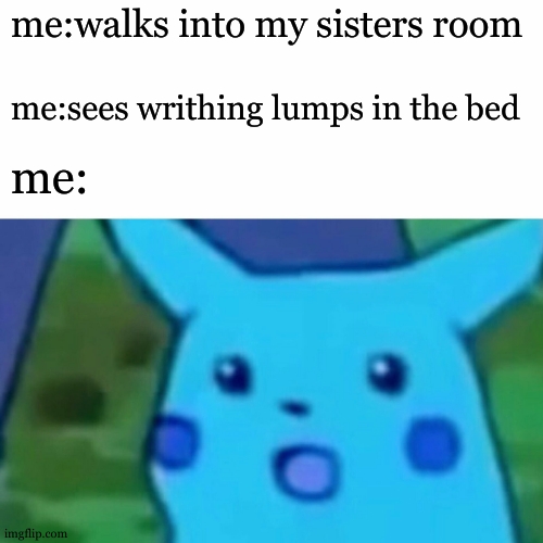 sussy baka | me:walks into my sisters room; me:sees writhing lumps in the bed; me: | image tagged in memes,surprised pikachu | made w/ Imgflip meme maker