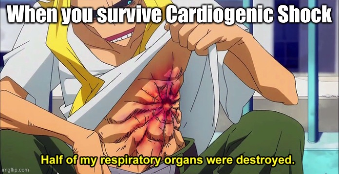 Cardiogenic Shock- 76-91% mortality rate (Mod note: UMM) | When you survive Cardiogenic Shock | image tagged in half of my respiratory organs were destroyed,cardiogenic shock,terminal | made w/ Imgflip meme maker