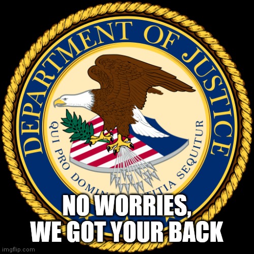 Department of Justice | NO WORRIES, WE GOT YOUR BACK | image tagged in department of justice | made w/ Imgflip meme maker