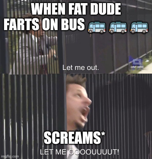 Pls I no like farts | WHEN FAT DUDE FARTS ON BUS 🚌 🚌 🚌; SCREAMS* | image tagged in let me out | made w/ Imgflip meme maker