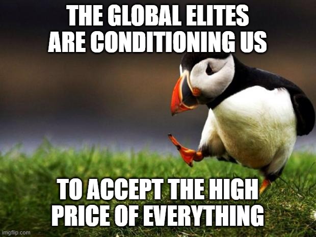 Unpopular Opinion Puffin | THE GLOBAL ELITES ARE CONDITIONING US; TO ACCEPT THE HIGH PRICE OF EVERYTHING | image tagged in memes,unpopular opinion puffin,joe biden,vladimir putin,xi jinping,recession | made w/ Imgflip meme maker
