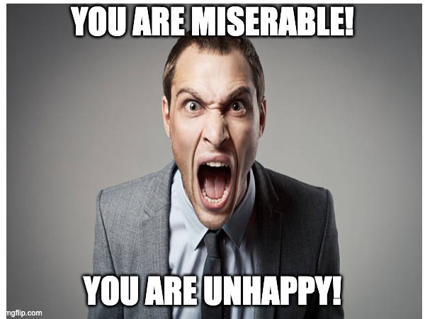 angry | YOU ARE MISERABLE! YOU ARE UNHAPPY! | image tagged in shouting | made w/ Imgflip meme maker