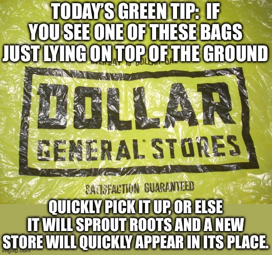 They are sprouting up everywhere! | TODAY’S GREEN TIP:  IF YOU SEE ONE OF THESE BAGS JUST LYING ON TOP OF THE GROUND; QUICKLY PICK IT UP, OR ELSE IT WILL SPROUT ROOTS AND A NEW STORE WILL QUICKLY APPEAR IN ITS PLACE. | image tagged in dollar store | made w/ Imgflip meme maker