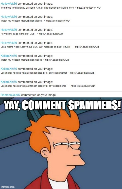 Maybe a Feature to Prevent This? | YAY, COMMENT SPAMMERS! | image tagged in memes,futurama fry | made w/ Imgflip meme maker