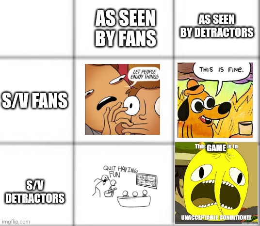 AS SEEN BY DETRACTORS; AS SEEN BY FANS; S/V FANS; GAME; S/V DETRACTORS | made w/ Imgflip meme maker