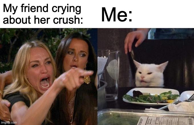 Crush | My friend crying about her crush:; Me: | image tagged in memes,woman yelling at cat | made w/ Imgflip meme maker