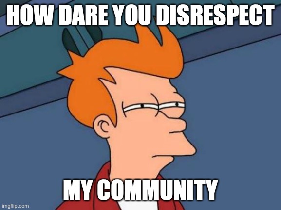 Futurama Fry Meme | HOW DARE YOU DISRESPECT MY COMMUNITY | image tagged in memes,futurama fry | made w/ Imgflip meme maker