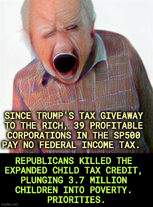 As long as you understand what's important. | SINCE TRUMP'S TAX GIVEAWAY 
TO THE RICH, 39 PROFITABLE 
CORPORATIONS IN THE SP500 
PAY NO FEDERAL INCOME TAX. REPUBLICANS KILLED THE 
EXPANDED CHILD TAX CREDIT, 
PLUNGING 3.7 MILLION 
CHILDREN INTO POVERTY. 
PRIORITIES. | image tagged in republicans,tax cuts for the rich,starving,children,priorities | made w/ Imgflip meme maker