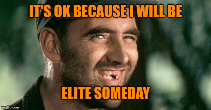 Deliverance HIllbilly | IT'S OK BECAUSE I WILL BE ELITE SOMEDAY | image tagged in deliverance hillbilly | made w/ Imgflip meme maker