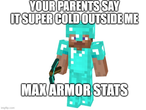 minecraft | YOUR PARENTS SAY IT SUPER COLD OUTSIDE ME; MAX ARMOR STATS | image tagged in minecraft,cold weather,parents,gaming | made w/ Imgflip meme maker