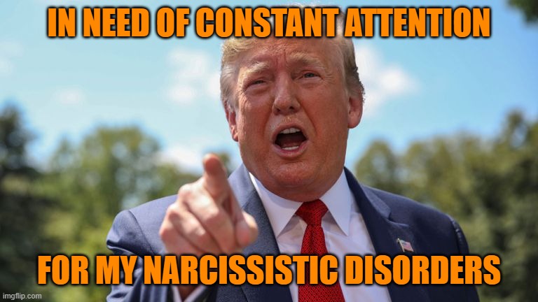 Donald Trump - I am the Chosen One | IN NEED OF CONSTANT ATTENTION FOR MY NARCISSISTIC DISORDERS | image tagged in donald trump - i am the chosen one | made w/ Imgflip meme maker