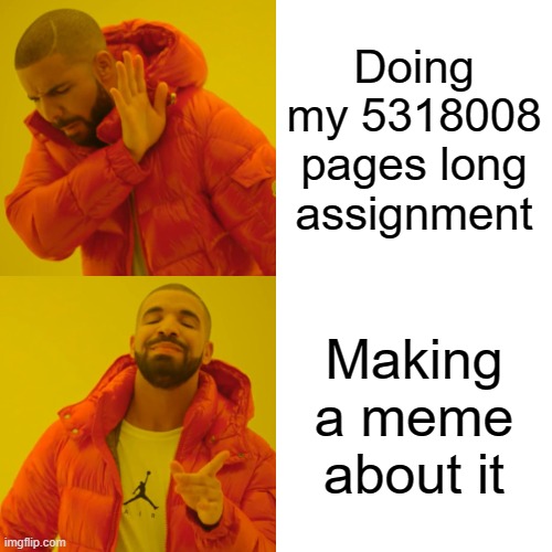 Relatable | Doing my 5318008 pages long assignment; Making a meme about it | image tagged in memes,drake hotline bling,relatable,funny,homework | made w/ Imgflip meme maker