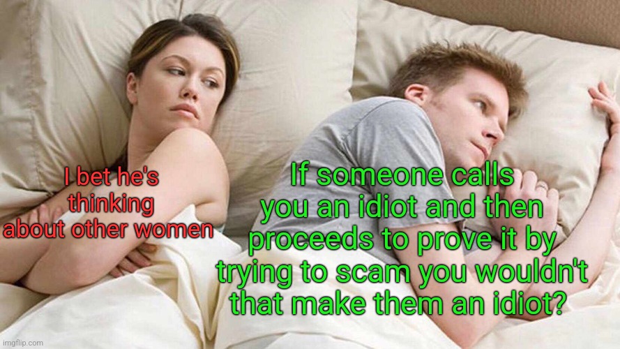 IDIOT CALLS YOU AN IDIOT | If someone calls you an idiot and then proceeds to prove it by trying to scam you wouldn't that make them an idiot? I bet he's thinking about other women | image tagged in memes,i bet he's thinking about other women | made w/ Imgflip meme maker