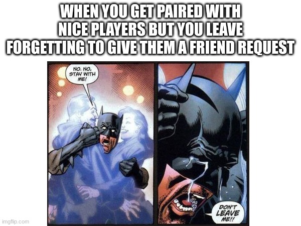 Batman! NO! | WHEN YOU GET PAIRED WITH NICE PLAYERS BUT YOU LEAVE FORGETTING TO GIVE THEM A FRIEND REQUEST | image tagged in video games,nice | made w/ Imgflip meme maker