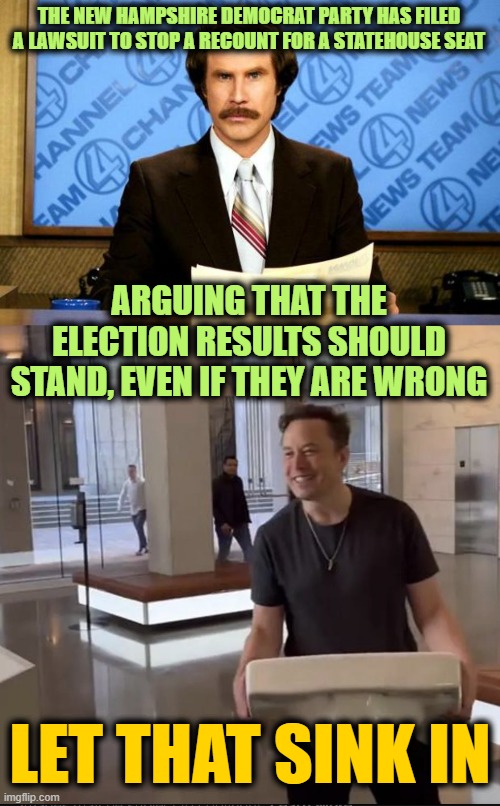 Meme-War Fighting Takes on the News Cycle | THE NEW HAMPSHIRE DEMOCRAT PARTY HAS FILED A LAWSUIT TO STOP A RECOUNT FOR A STATEHOUSE SEAT; ARGUING THAT THE ELECTION RESULTS SHOULD STAND, EVEN IF THEY ARE WRONG; LET THAT SINK IN | image tagged in breaking news,elon musk sink | made w/ Imgflip meme maker