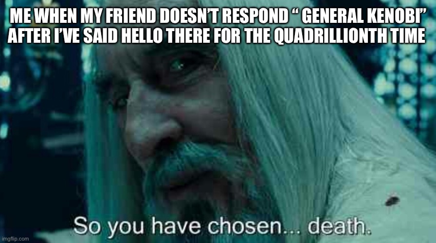So you have chosen death | ME WHEN MY FRIEND DOESN’T RESPOND “ GENERAL KENOBI” AFTER I’VE SAID HELLO THERE FOR THE QUADRILLIONTH TIME | image tagged in so you have chosen death | made w/ Imgflip meme maker