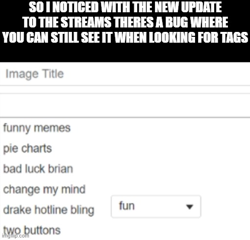 Just a quick rant about a bug. | SO I NOTICED WITH THE NEW UPDATE TO THE STREAMS THERES A BUG WHERE YOU CAN STILL SEE IT WHEN LOOKING FOR TAGS | image tagged in imgflip,glitch,imgflip mods | made w/ Imgflip meme maker