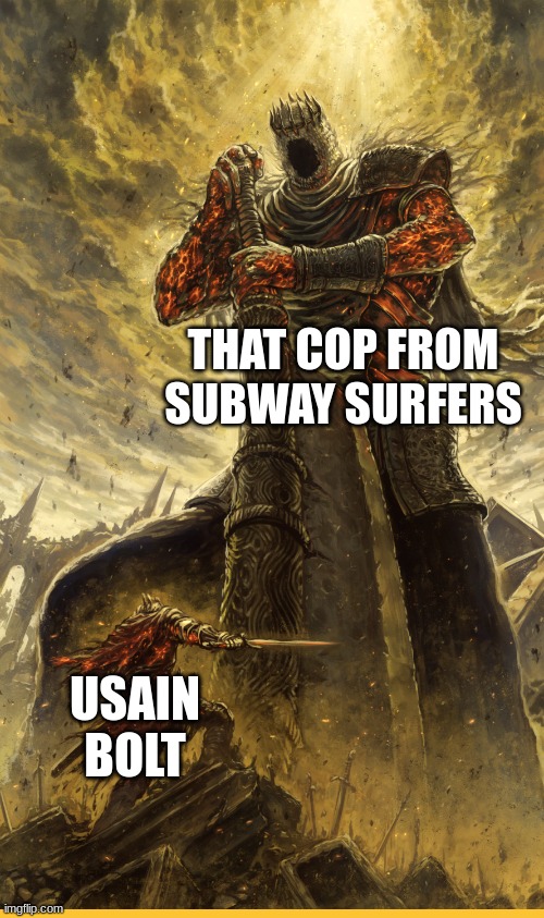 this cop is jacked | THAT COP FROM SUBWAY SURFERS; USAIN BOLT | image tagged in fantasy painting | made w/ Imgflip meme maker
