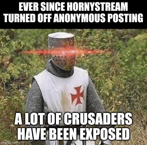 I'm not sure if this is both a good thing or a bad thing | EVER SINCE HORNYSTREAM TURNED OFF ANONYMOUS POSTING; A LOT OF CRUSADERS HAVE BEEN EXPOSED | image tagged in growing stronger crusader | made w/ Imgflip meme maker