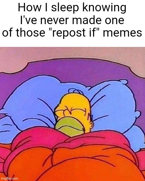 Homer Simpson sleeping peacefully | How I sleep knowing I've never made one of those "repost if" memes | image tagged in homer simpson sleeping peacefully,repost | made w/ Imgflip meme maker