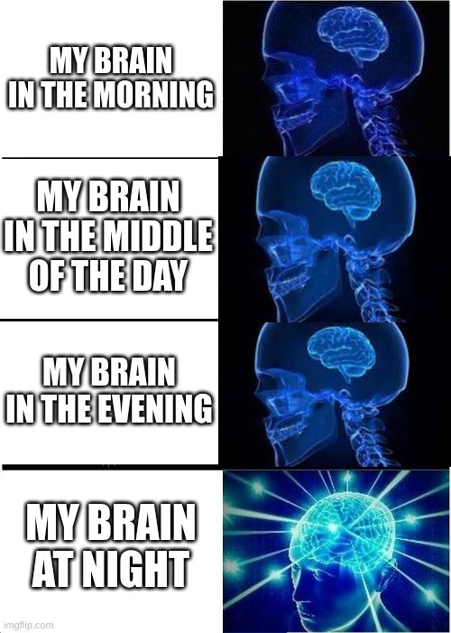 Relatable | MY BRAIN IN THE MORNING; MY BRAIN IN THE MIDDLE OF THE DAY; MY BRAIN IN THE EVENING; MY BRAIN AT NIGHT | image tagged in memes,expanding brain,brain,small brain,all day | made w/ Imgflip meme maker